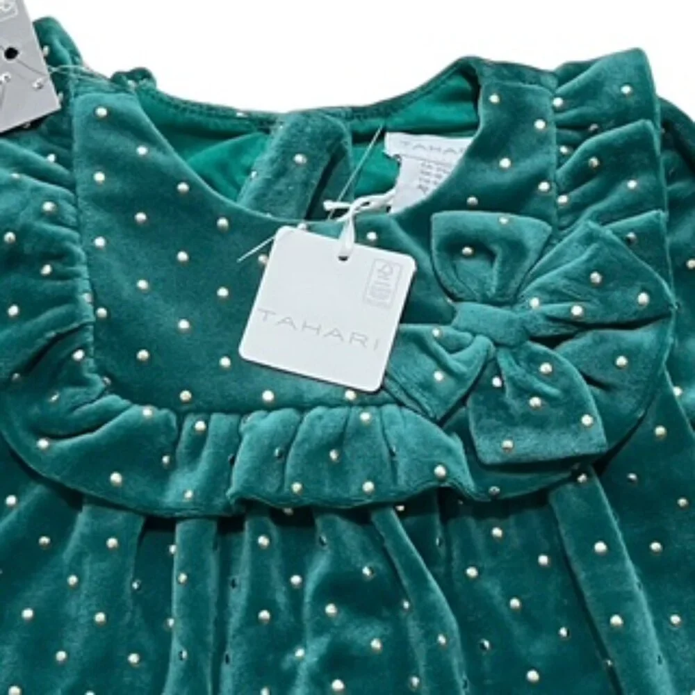 New Tahari Dress Girls Size 2 Green Velour Velvet With Gold Studs & Headband NWT